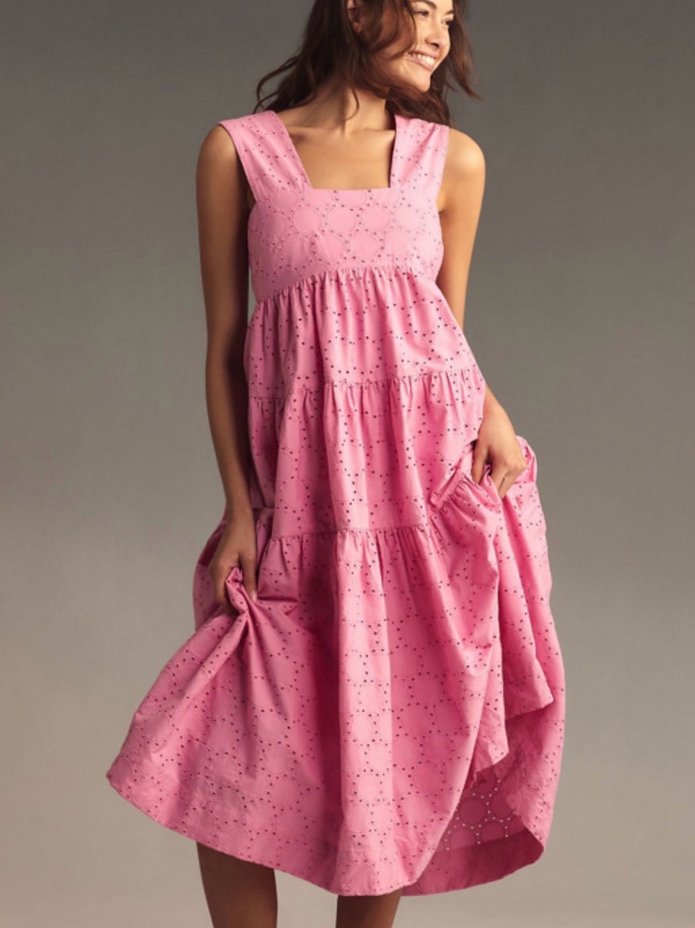 Anthropologie Pink Eyelet Tiered Maxi Dress